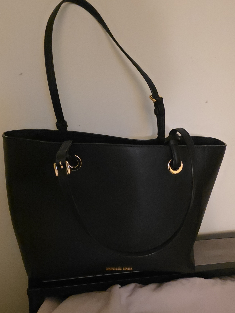 Michael Kors Black Leather Tote with Gold Accents